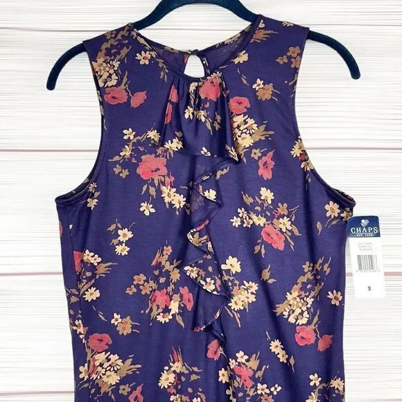 NWT New Chaps Viscose Top Tee Blouse Floral Purple Ruffle Front Sleeveless S - Picture 3 of 13